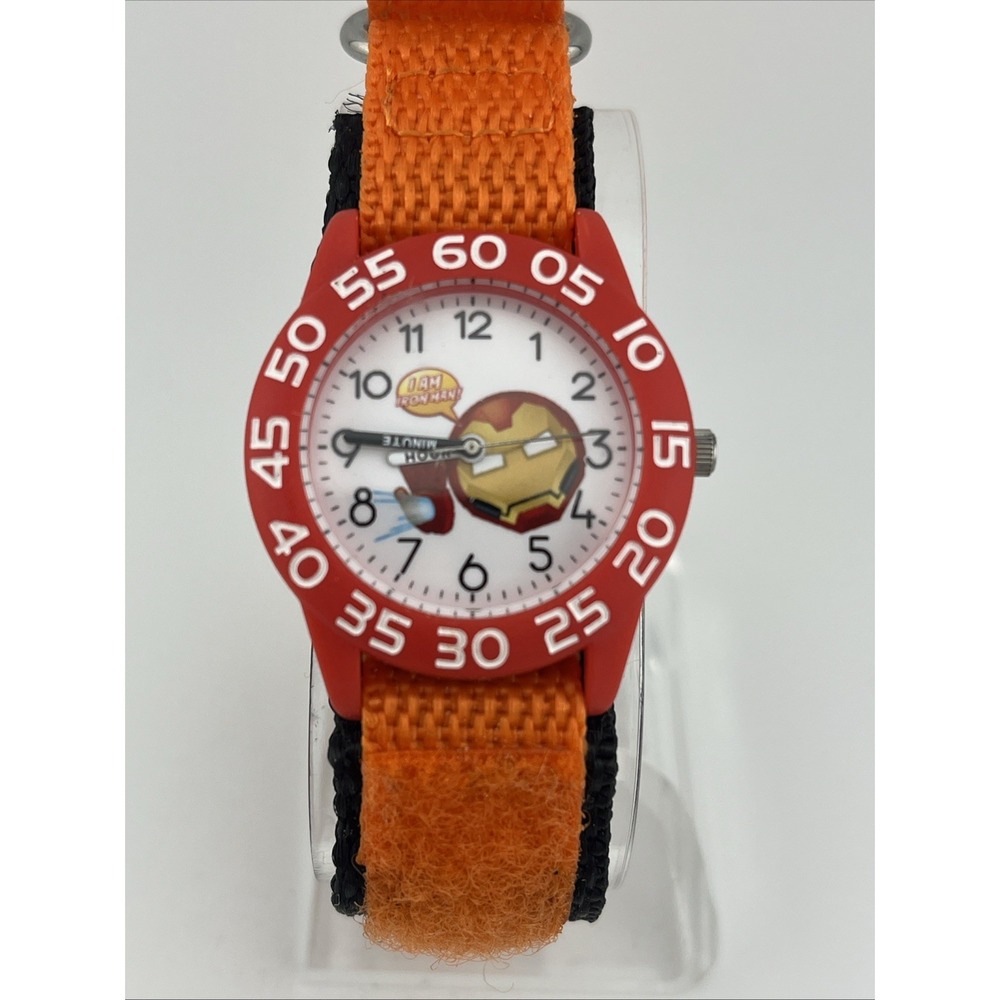 Marvel Emoji Ironman Kids Watch Time Teacher Orange/Black Nylon Band New Battery